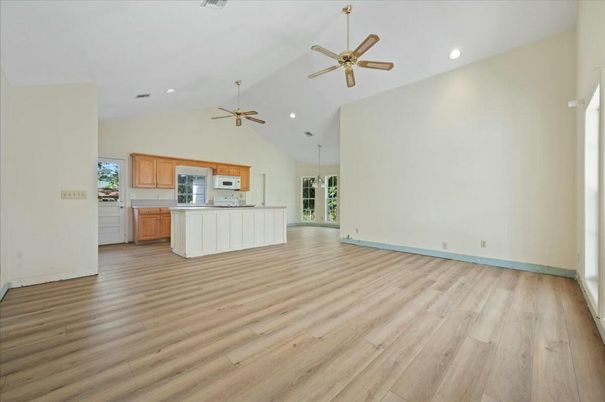 Empty room, Interior, Kitchen, Recessed Lighting, Wood Texture Flooring