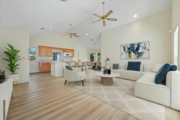 Dining room, Interior, Kitchen, Living room, Recessed Lighting, Wood Texture Flooring