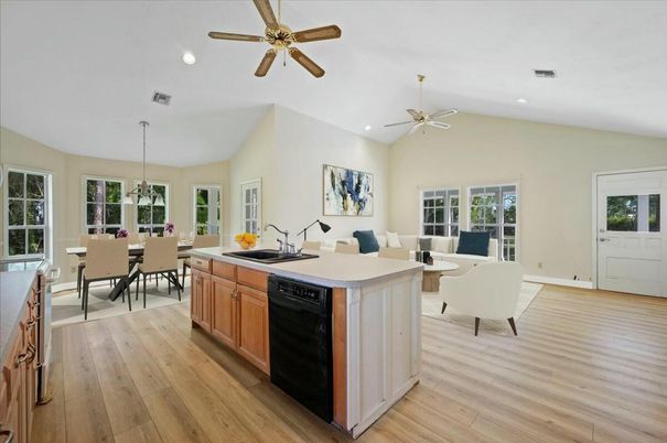 Dining room, Interior, Kitchen, Living room, Pendant Lights, Recessed Lighting, Wood Texture Flooring