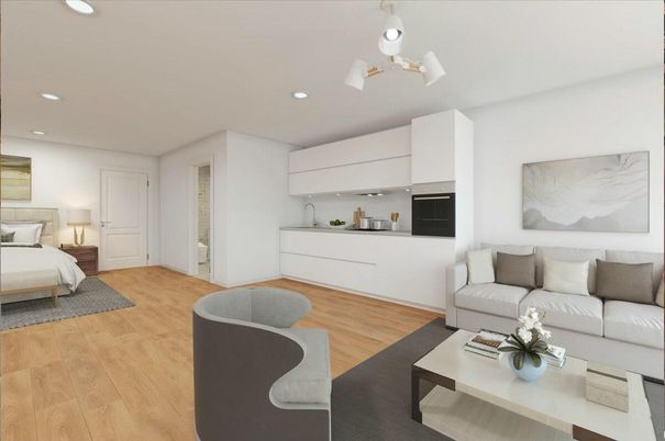 Bedroom, Interior, Living room, Recessed Lighting, Wood Texture Flooring