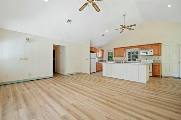 Empty room, Interior, Kitchen, Recessed Lighting, Wood Texture Flooring