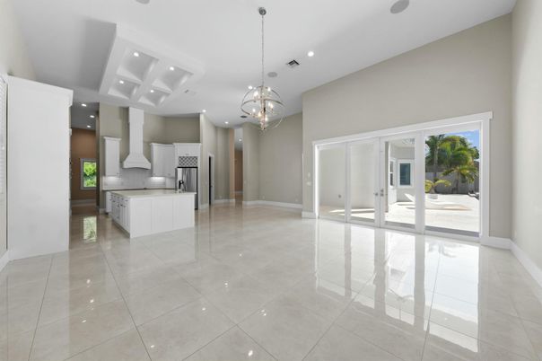 Chandelier, Empty room, Interior, Kitchen, Pendant Lights, Recessed Lighting, Stainless Steel Appliances