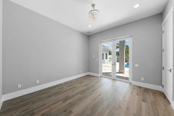 Chandelier, Empty room, Interior, Recessed Lighting, Wood Texture Flooring