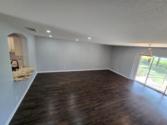 Empty room, Interior, Pendant Lights, Recessed Lighting, Wood Texture Flooring