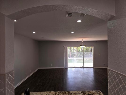 Empty room, Interior, Pendant Lights, Recessed Lighting, Wood Texture Flooring