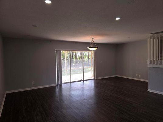 Empty room, Interior, Pendant Lights, Recessed Lighting, Wood Texture Flooring