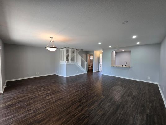 Empty room, Interior, Pendant Lights, Recessed Lighting, Wood Texture Flooring