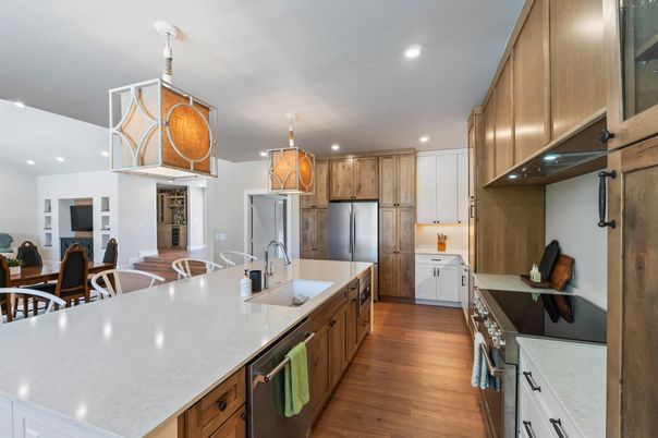 Interior, Kitchen, Pendant Lights, Recessed Lighting, Wood Texture Flooring