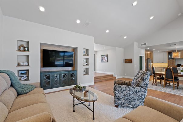 Dining room, Interior, Kitchen, Living room, Recessed Lighting, Wood Texture Flooring