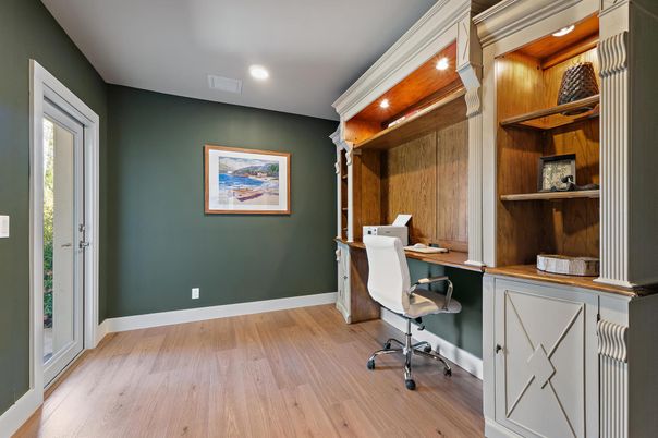 Home Office, Interior, Recessed Lighting, Wood Texture Flooring, Wooden Walls