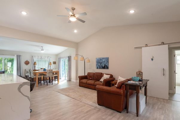 Dining room, Interior, Living room, Recessed Lighting, Wood Texture Flooring