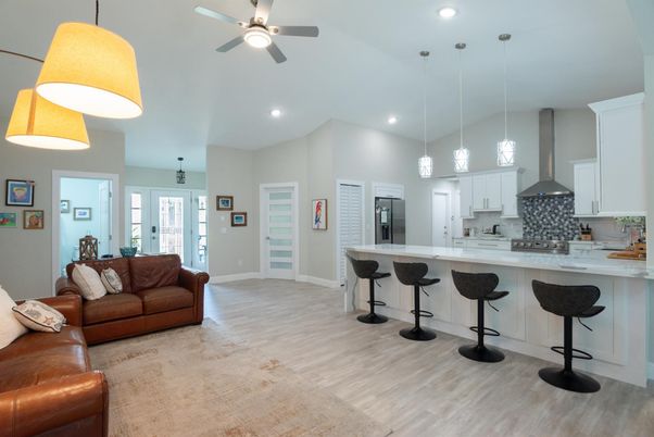 Interior, Kitchen, Living room, Pendant Lights, Recessed Lighting, Wood Texture Flooring