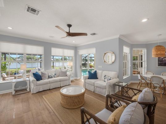 Dining room, Interior, Living room, Pendant Lights, Recessed Lighting, Water, Wood Texture Flooring