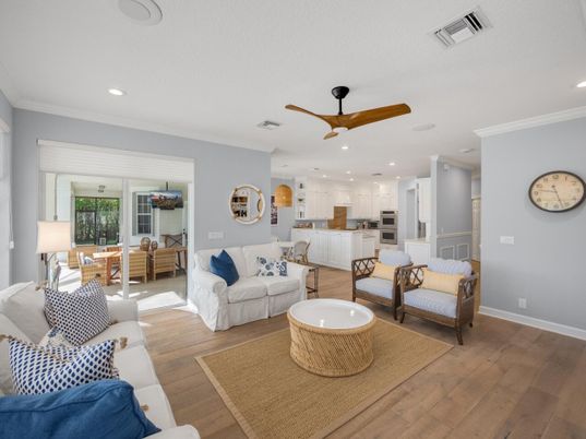 Dining room, Interior, Kitchen, Living room, Recessed Lighting, Stainless Steel Appliances, Wood Texture Flooring