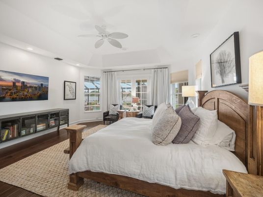 Bedroom, Fireplace, Interior, Recessed Lighting, Wood Texture Flooring