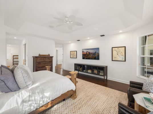 Bedroom, Fireplace, Interior, Recessed Lighting, Wood Texture Flooring