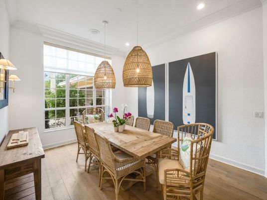 Dining room, Interior, Pendant Lights, Recessed Lighting, Wood Texture Flooring