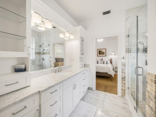 Bathroom, Bedroom, Dual Sink Vanities, Glass Shower, Interior, Marble, Marble Walls, Wood Texture Flooring