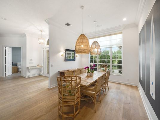 Dining room, Interior, Pendant Lights, Recessed Lighting, Wood Texture Flooring