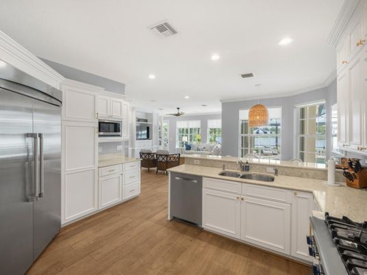 Dining room, Interior, Kitchen, Recessed Lighting, Stainless Steel Appliances, Wood Texture Flooring