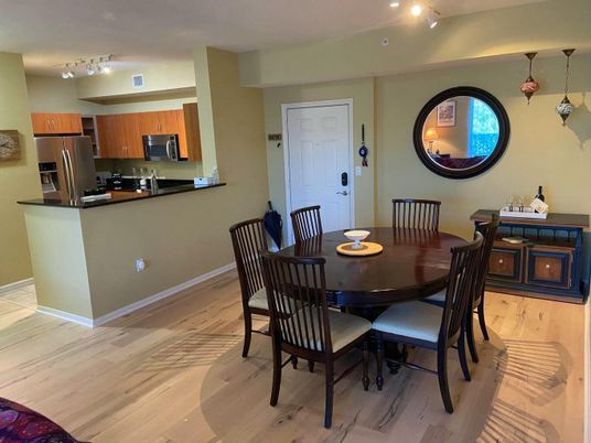 Dining room, Interior, Kitchen, Pendant Lights, Recessed Lighting, Stainless Steel Appliances, Wood Texture Flooring