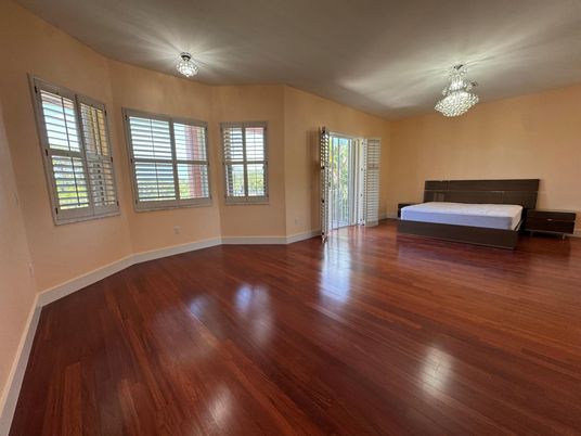 Bedroom, Chandelier, Interior, Wood Texture Flooring