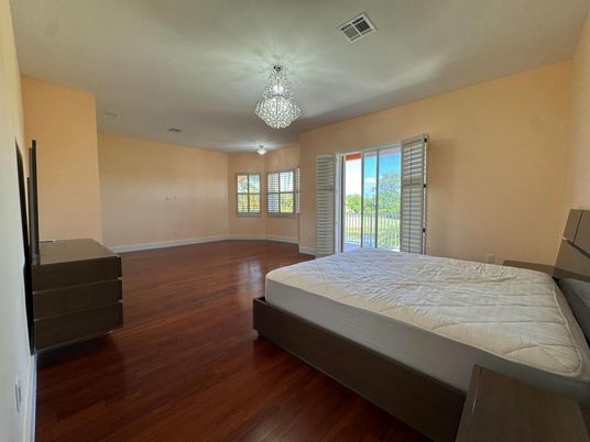 Bedroom, Chandelier, Interior, Wood Texture Flooring