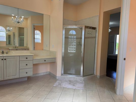 Bathroom, Chandelier, Glass Shower, Interior, Recessed Lighting