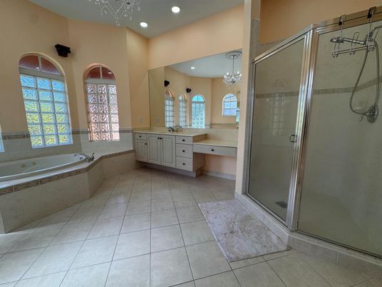 Bathroom, Chandelier, Glass Shower, Interior, Recessed Lighting