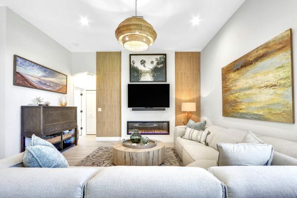 Fireplace, Interior, Living room, Pendant Lights, Recessed Lighting, Wood Texture Flooring