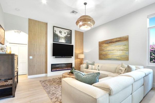 Fireplace, Interior, Living room, Pendant Lights, Recessed Lighting, Wood Texture Flooring