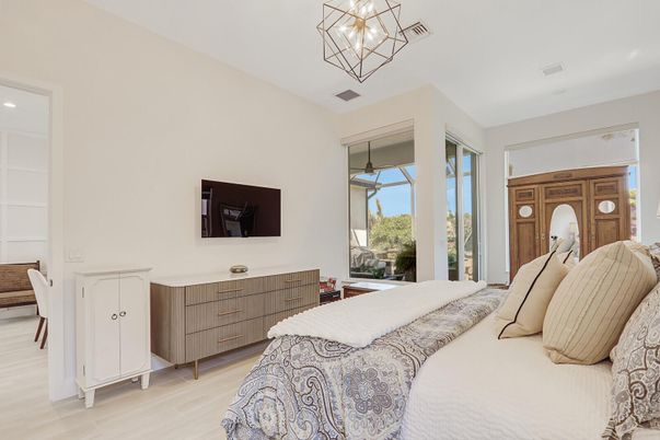 Bedroom, Chandelier, Interior, Wood Texture Flooring