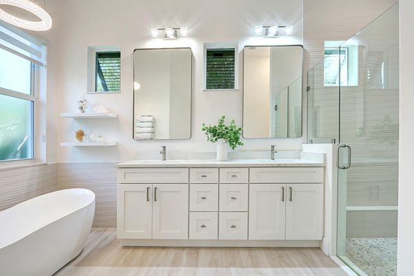 Bathroom, Dual Sink Vanities, Free Standing Baths, Glass Shower, Interior, Wood Texture Flooring