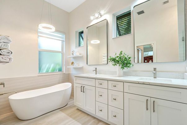 Bathroom, Dual Sink Vanities, Free Standing Baths, Interior, Pendant Lights, Wood Texture Flooring