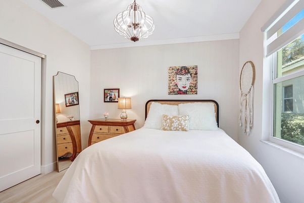 Bedroom, Interior, Pendant Lights, Wood Texture Flooring