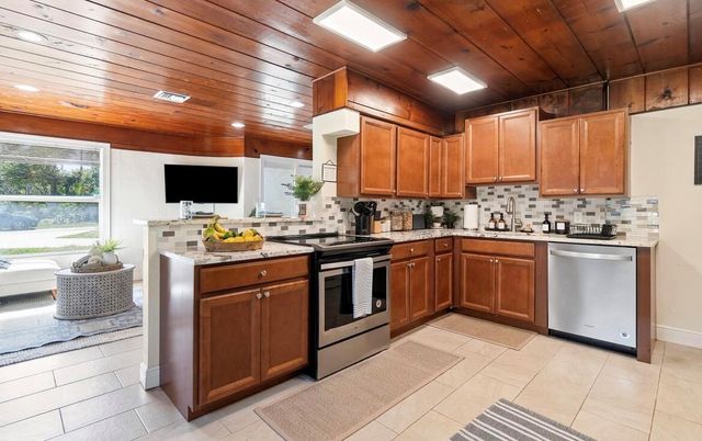 Interior, Kitchen, Recessed Lighting, Stainless Steel Appliances, Wooden Ceilings
