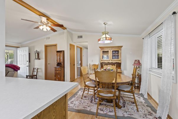 Dining room, Interior, Pendant Lights, Wood Texture Flooring