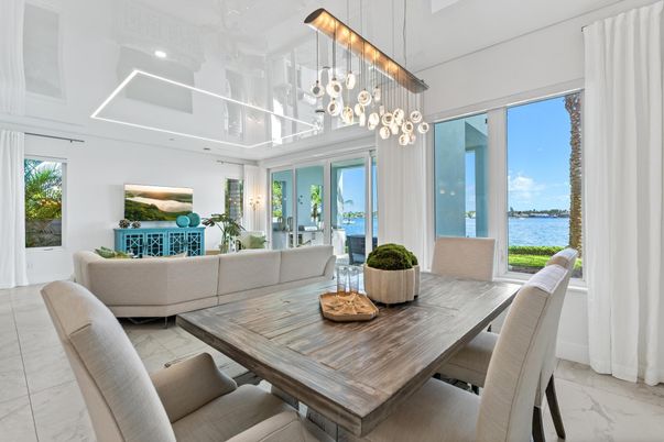Dining room, Interior, Living room, Marble, Pendant Lights, Water