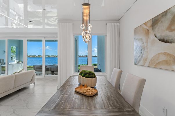 Dining room, Interior, Marble, Pendant Lights, Water