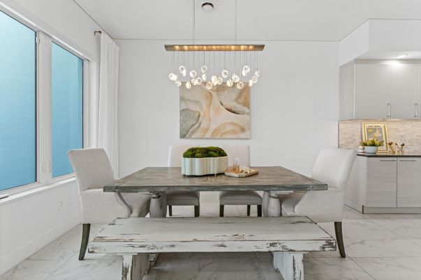 Dining room, Interior, Marble, Pendant Lights