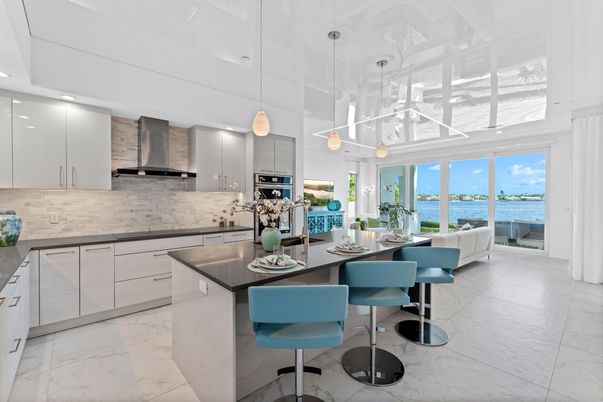 Interior, Kitchen, Marble, Pendant Lights, Recessed Lighting, Stainless Steel Appliances, Water