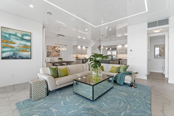 Dining room, Interior, Kitchen, Living room, Marble, Pendant Lights, Recessed Lighting