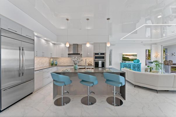Interior, Kitchen, Living room, Marble, Pendant Lights, Recessed Lighting, Stainless Steel Appliances
