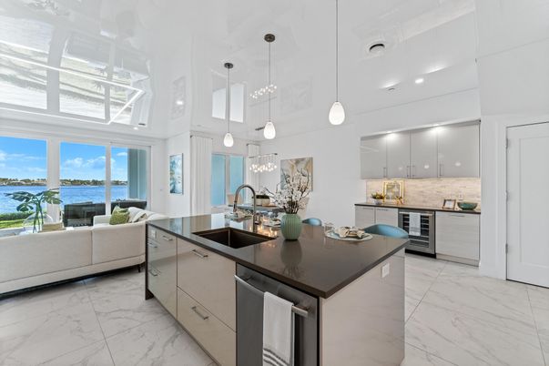 Interior, Kitchen, Marble, Pendant Lights, Recessed Lighting, Stainless Steel Appliances, Water