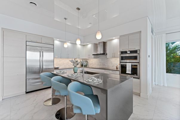 Interior, Kitchen, Marble, Pendant Lights, Recessed Lighting, Stainless Steel Appliances