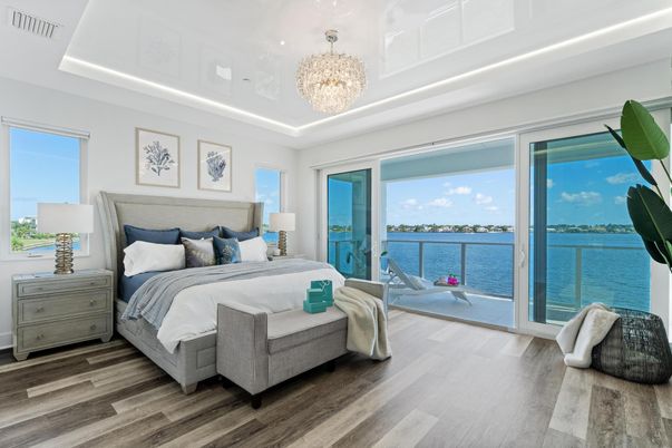 Bedroom, Chandelier, Interior, Water, Wood Texture Flooring