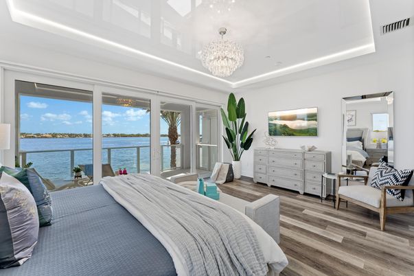 Bedroom, Chandelier, Interior, Water, Wood Texture Flooring
