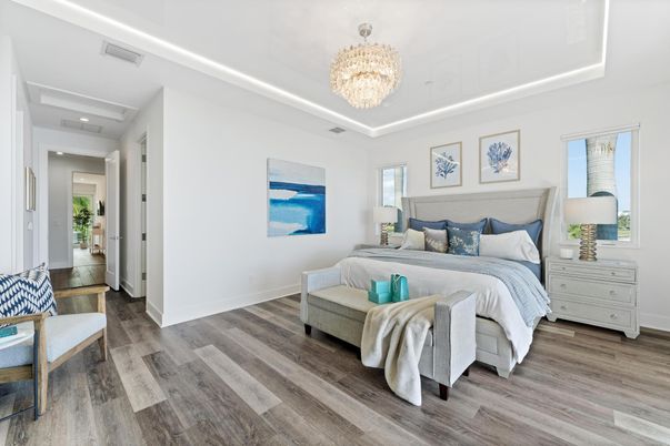 Bedroom, Chandelier, Interior, Recessed Lighting, Wood Texture Flooring