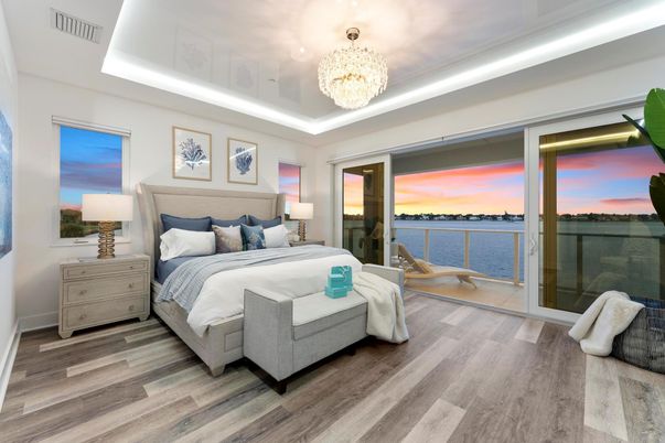 Bedroom, Chandelier, Interior, Water, Wood Texture Flooring