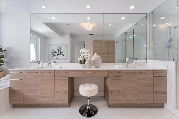 Bathroom, Dual Sink Vanities, Glass Shower, Interior, Marble, Recessed Lighting